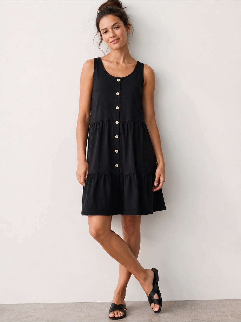 Sleeveless Black Tiered Button-Front Dress NWOT